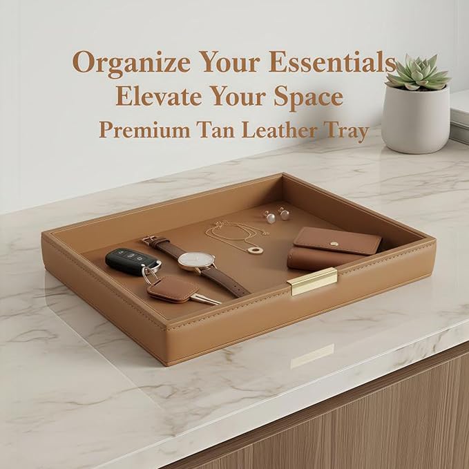 Vanity Organizer Tray for Bathroom Bedroom Dresser, Leather Valet Tray for Nightstand, Decorative Tray for Watch Jewelry Perfume Phone Storage (Brown)