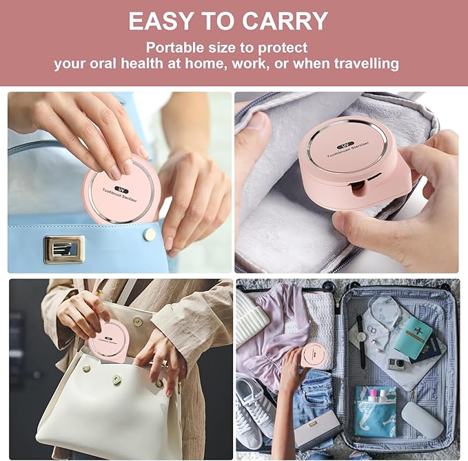 UV Toothbrush Sanitizer Holder, Toothbrush Sanitizer and Holder Cover Caps with Fan Drying, Rechargeable Portable Toothbrush Cleaner Case Fits Most Electric and Manual Toothbrushes (Pink)