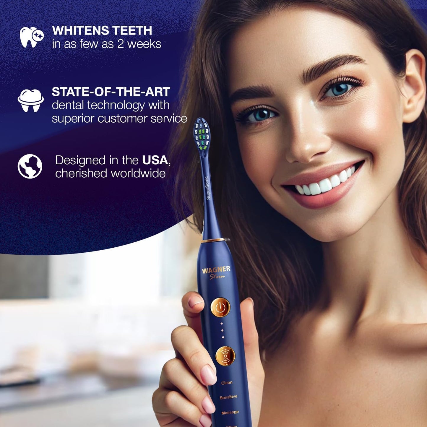 Wagner Stern WT8900 Series Electric Toothbrush – Whitening & Pressure Sensor, 5 Modes, 3 Intensities, 8 Soft Brush Heads, Rechargeable, Travel Case Included