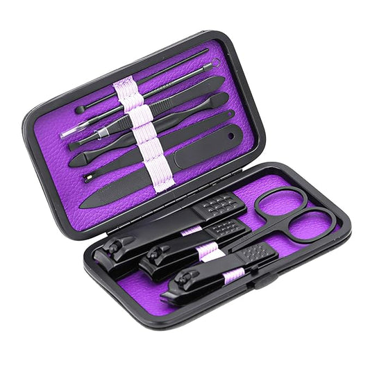 Manicure Set Nail Clippers Kit Professional Stainless Steel Nail Care Tools with Leather Travel Case 10 in 1 Purple