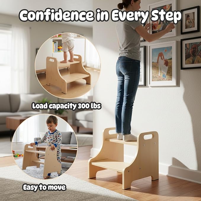 Toddler Step Stool for Kids, Toddler Kitchen Stool Helper with Handles & Non-Slip Pads, Wooden 2-Step Stool for Toddlers for Bathroom Sink, Potty Training, Kitchen & Bedroom 300lbs Capacity(Natural)
