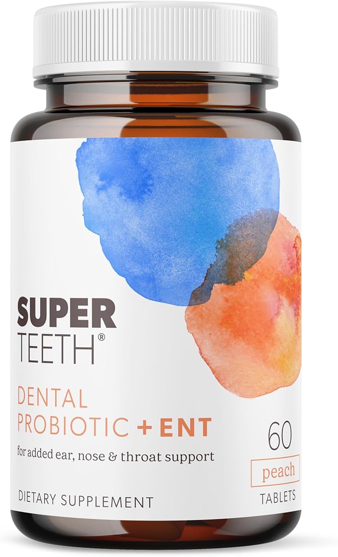 Super Teeth ENT Probiotic | BLIS K12 & M18 Probiotics | for Oral Microbiome Health & Sinus, Throat & Immune Support | 60 Natural Peach Flavored Chewable Tablets | Dental Probiotic