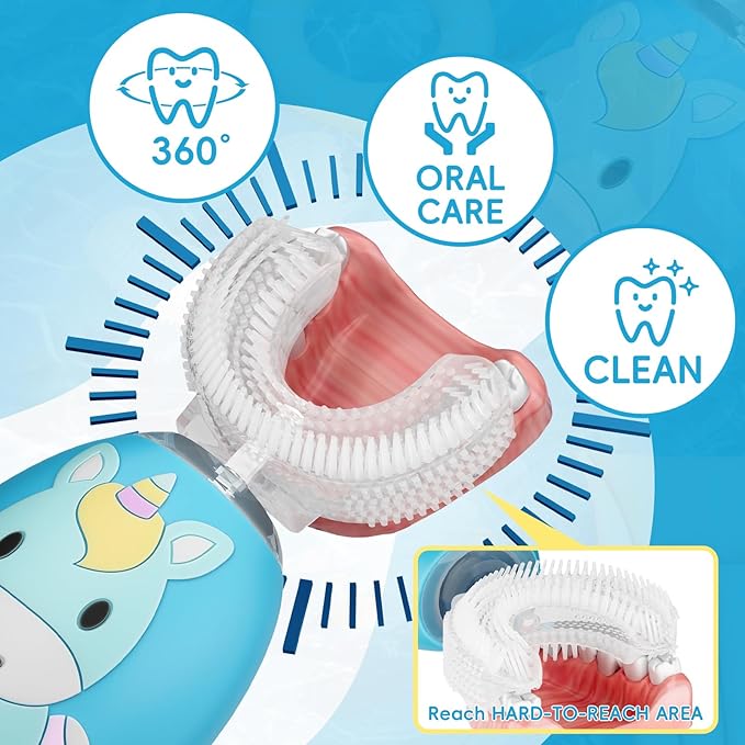 Kids U Shaped Electric Toothbrush 4 Brush Heads, Automatic Sonic Toothbrush Kids 2 Modes, Cartoon Design 360-Degree Cleaning IPX7 Waterproof