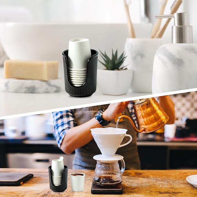 Ceramic Bathroom Cup Dispenser with Stylish Vertical Stripes - Disposable Mouthwash Cup Holder Holds 3-4oz Paper Cups for Rinsing Cups on Bathroom Vanity Countertops (Black-Black-2 Pack)