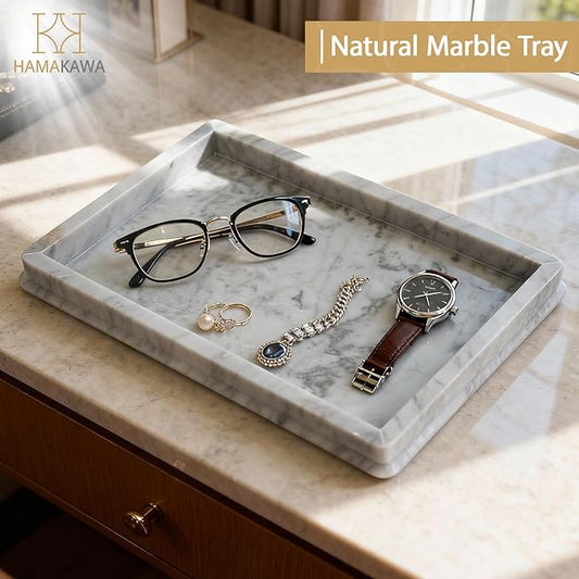 Large Natural Marble Bathroom Vanity Tray 12 inch, Carrara White Stone Jewelry Tray, Rectangle Sink Trays, Modern Tank Trays, Countertop Organizer for Soap Dispenser, Kitchen, Home Decor