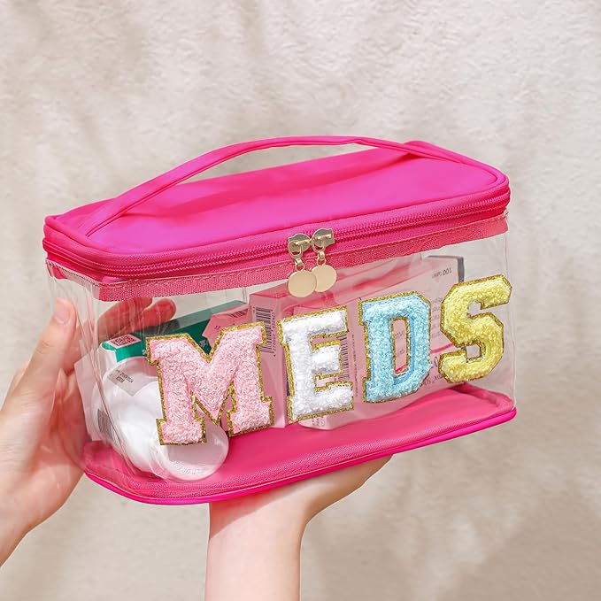 Large Waterproof Chenille Letter Medicine Clear Makeup Bag, Transparent PVC Nylon Preppy Patch Cosmetic Bag with Handle, Portable Meds First Aid Travel Organizer Cosmetic Bag (05MEDS-Hot Pink)