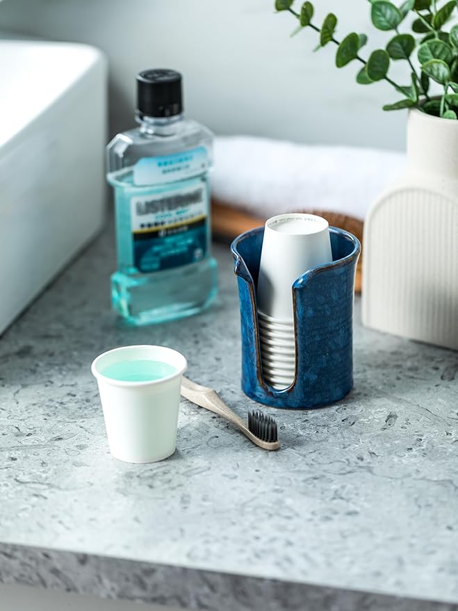 Bathroom Cup Holder, Ceramic Bathroom Cup Dispenser 3 Oz, Small Mouthwash Cup Dispenser Disposable Paper Cup Holder for Bathroom, Coffee Bar, Stoneware Design Modern Decor, Blue