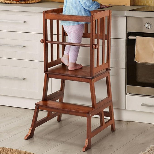 COSYLAND Kids Kitchen Step Stool, Toddler Standing Tower with CPC Certification, Removable Anti-Drop Railing Safety Rail Enjoys Unique Patented Design A Anti-tip Stable Structure 1.5-3 Years Brown