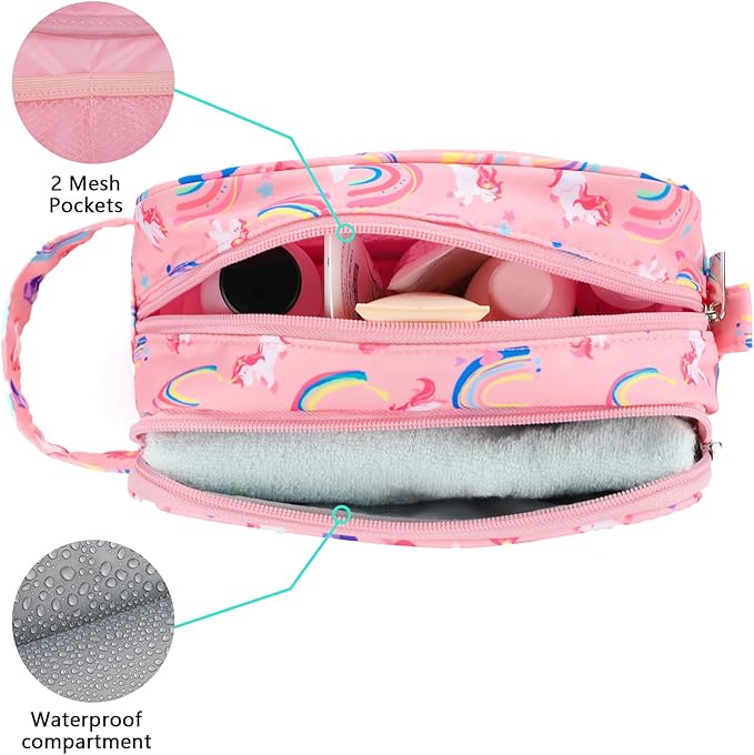 Unicorn Kids Toiletry Bag for Girls, Travel Toiletry Bag for Little Young Girls Cosmetic Bag Makeup Bag Waterproof Hanging Wash Bag Toddler Toiletries, Rainbow Pink