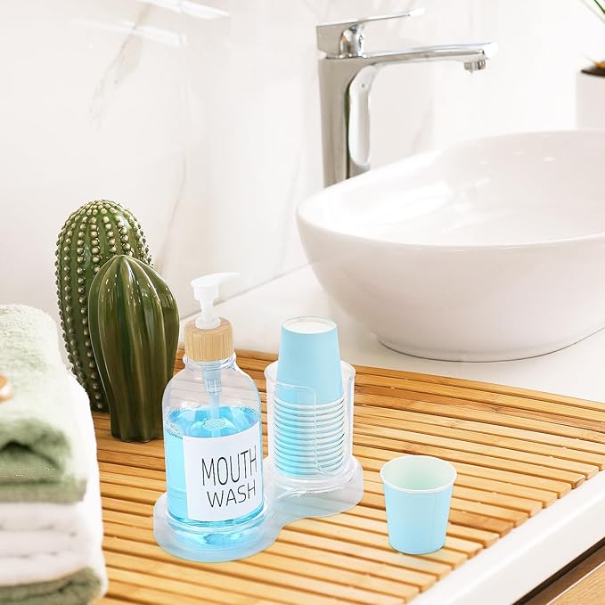 Mouthwash Dispenser for Bathroom, 16oz Plastic Mouthwash Dispenser with Cup Holder and Tray Mouth Wash Bottle Container - Clear