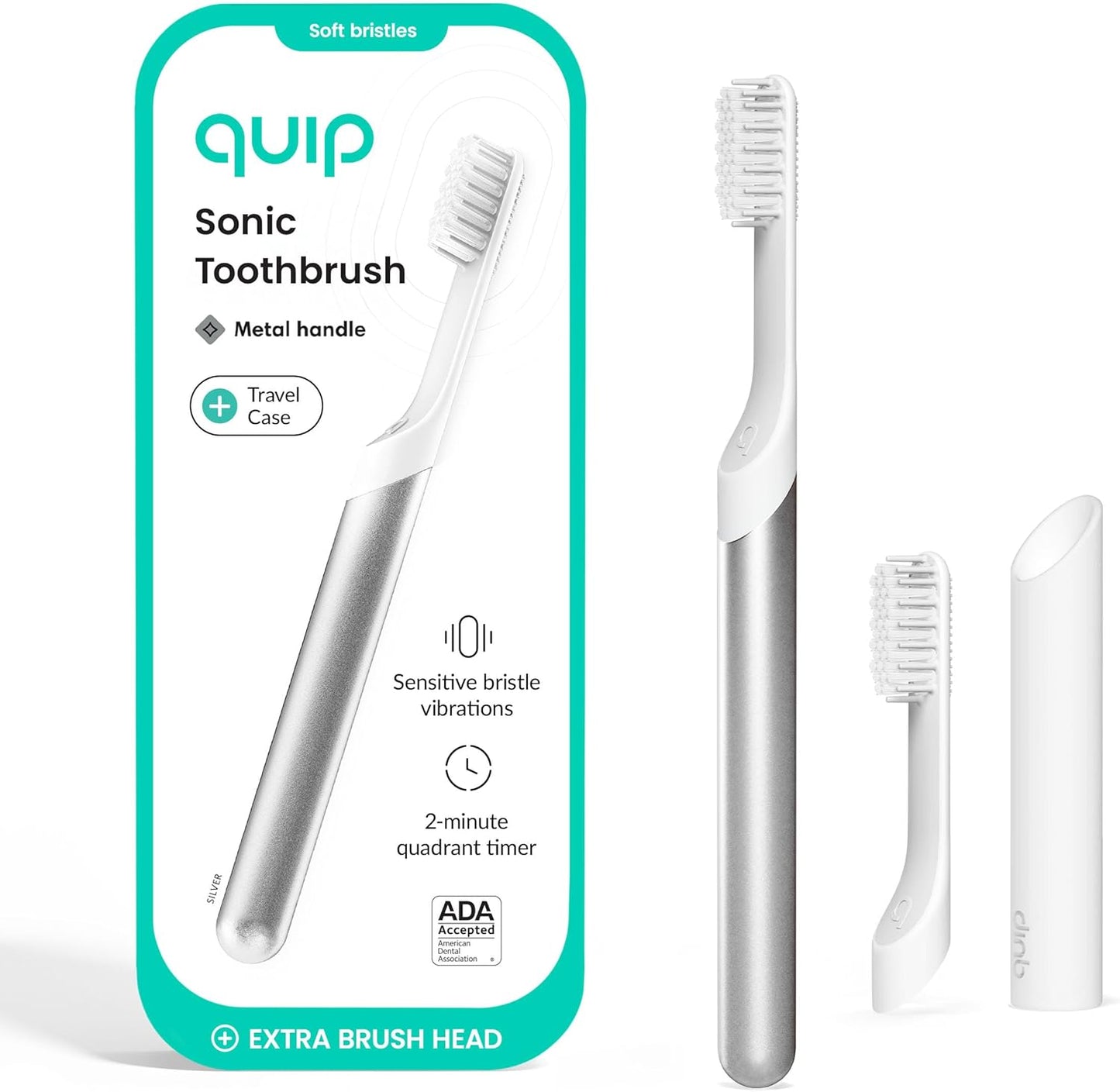 Quip Metal Sonic Electric Toothbrush for Adults - Time Travel & Soft Bristles with Travel Case & Replacement Brush Head - 3 Month Battery Life - Silver