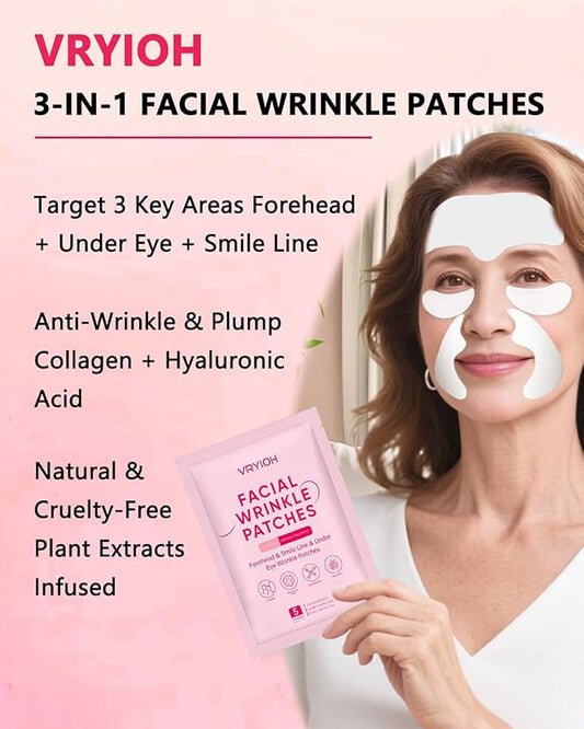 3 IN 1 Forehead, Smile Line & Under Eye Wrinkle Patches, Overnight Facial Wrinkle Treatment with Hyaluronic Acid, Collagen to Lift Lines for Women, 60 Patches