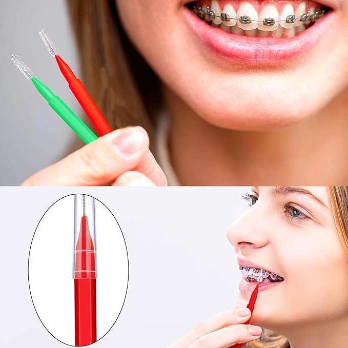 Patelai 100 Pieces Braces Brush for Cleaner Interdental Brush Toothpick Dental Tooth Flossing Head Oral Dental Hygiene Flosser Toothpick Cleaners Tooth Cleaning Tool(Green, Red,Proper Size)
