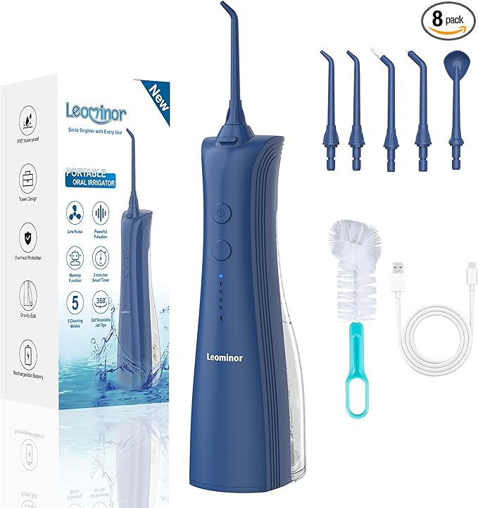 Leominor Water Flosser - 5 Modes Cordless Portable Oral Irrigator, IPX7 Waterproof, Rechargeable Teeth Cleaner Professional Flossing Cleaning Pick for Home Travel (D Blue)