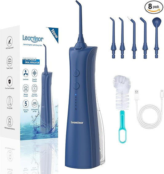 Leominor Water Flosser - 5 Modes Cordless Portable Oral Irrigator, IPX7 Waterproof, Rechargeable Teeth Cleaner Professional Flossing Cleaning Pick for Home Travel (D Blue)