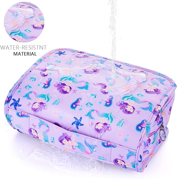 Kids Hanging Toiletry Bag for Girls, Travel Toiletry Bag for Little Young Girls Cosmetic Makeup Waterproof Wash Bag Toddler Traveling Toiletries, Mermaid Purple