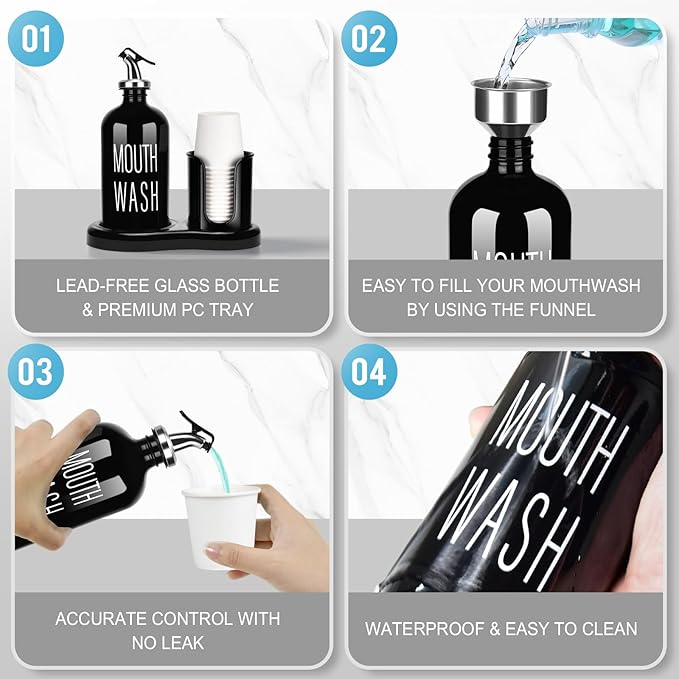 Glass Mouthwash Dispenser with Cup Holder,BYAWAY Mouthwash Set for Bathroom,16 OZ Refillable Mouthwash Bottle Container with 14 Mouthwash Cups,Funnel (Black)