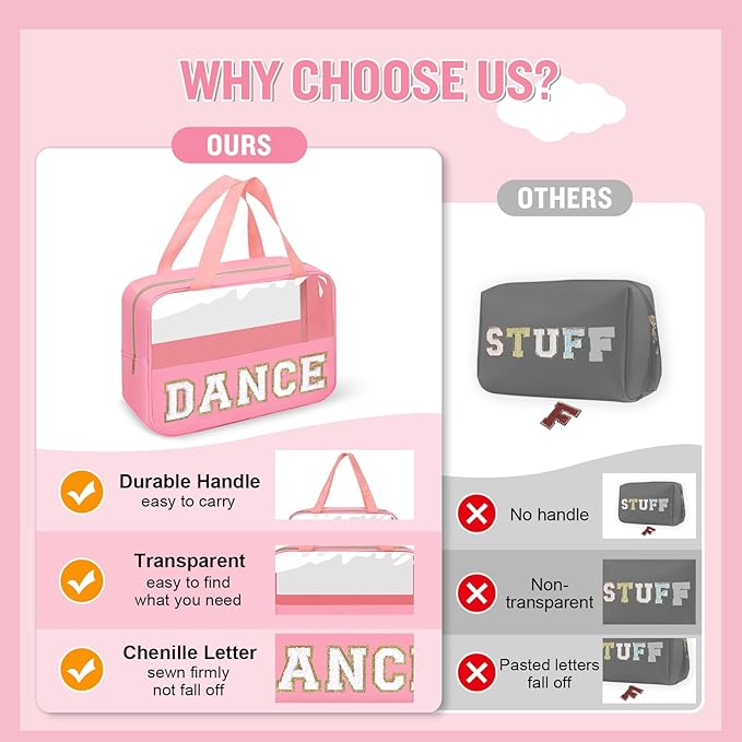 Dance Bag for Girls Chenille Letter Clear Makeup DANCE Stuff Shoe Bag,Toddler Dance Recital Gifts Ballet Cosmetic Zipper with Handle,Dance Competition Accessories Toiletry Storage Women(DANCE-Pink)