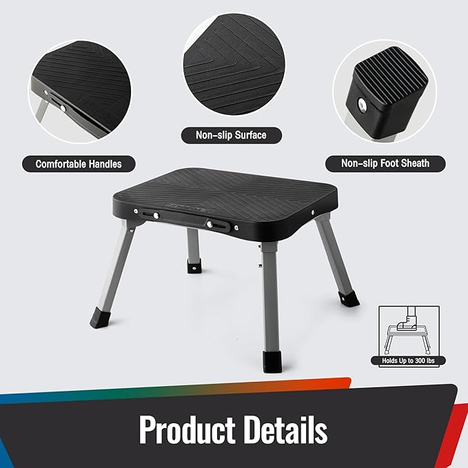 9" Folding Step Stool, Non-Slip 16x12 Large Platform, Portable Compact Sturdy 1-Step Stools for Kids Adults Seniors at Indoor Outdoor - Durable & Safe (9 inch, Black)