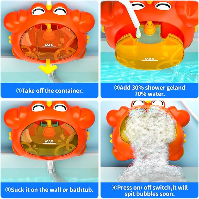 Red Crab Bath Toys for Kids 1-3 & Babies 6-12 Months, Baby Bath Shower Head, Rechargeable Light Up Bubble Machine with Music, Birthday for Toddler Girls Boys (Bathtub Use)