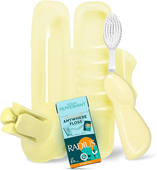 RADIUS Vacation Pastel Bundle, Includes Right Handed Big Brush, Toothbrush Travel Case, DOC Toothbrush Holder, Anywhere Travel Floss Packette, Lemon Meringue Yellow, 4 Piece Bundle