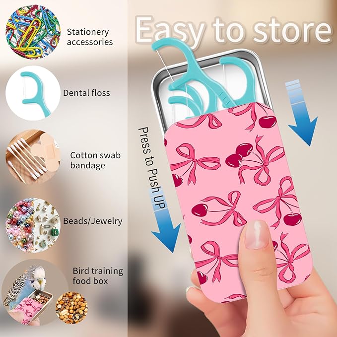 Portable Dental Floss Case, Refillable Cute Travel Floss Dispenser for Men & Women, Pocket Travel Floss Picks Case for Purse, Backpack, Bag Pink Ribbon Bows