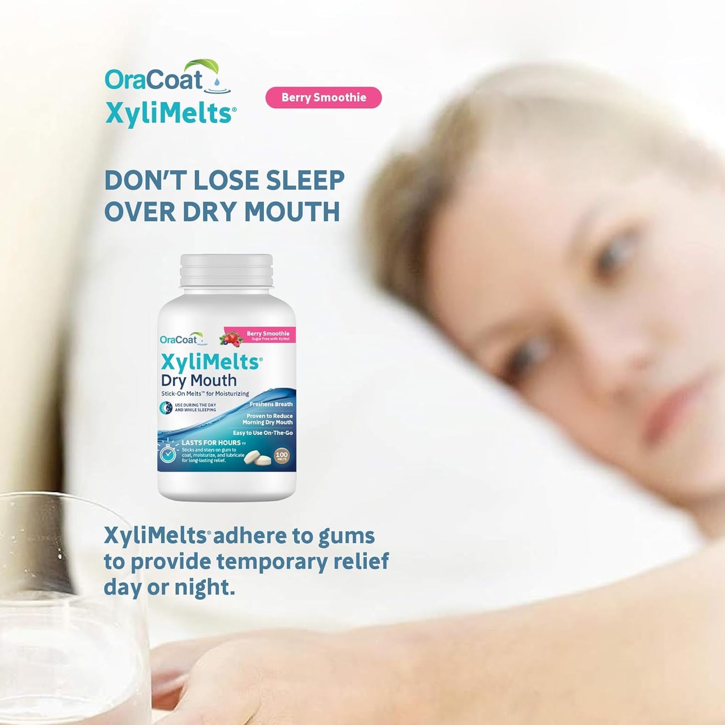 Oracoat XyliMelts for Dry Mouth Night Time or Day - Moisturizing Dry Mouth Adhering Discs, Sugar Free with Xylitol, 100 Count, Berry Smoothie Flavor, 8-Hour Relief