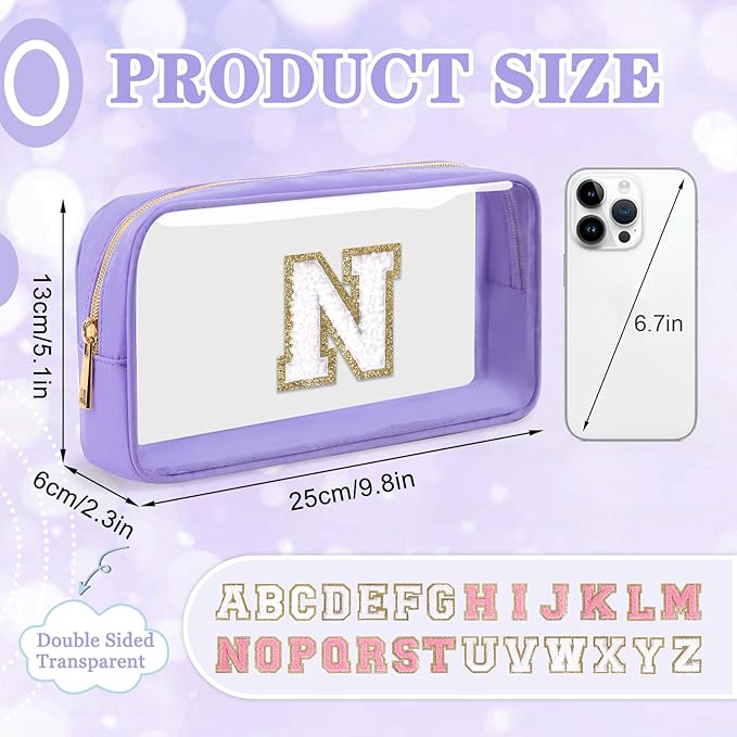 Small Clear Personalized Initial Makeup Bag,Nylon Preppy A-Z Chenille Letter Patch Cosmetic Pouch Beach Toiletry Bag,Waterproof Zip Travel Purse Storage Bag Organizer for Women Girls(Purple-White N)