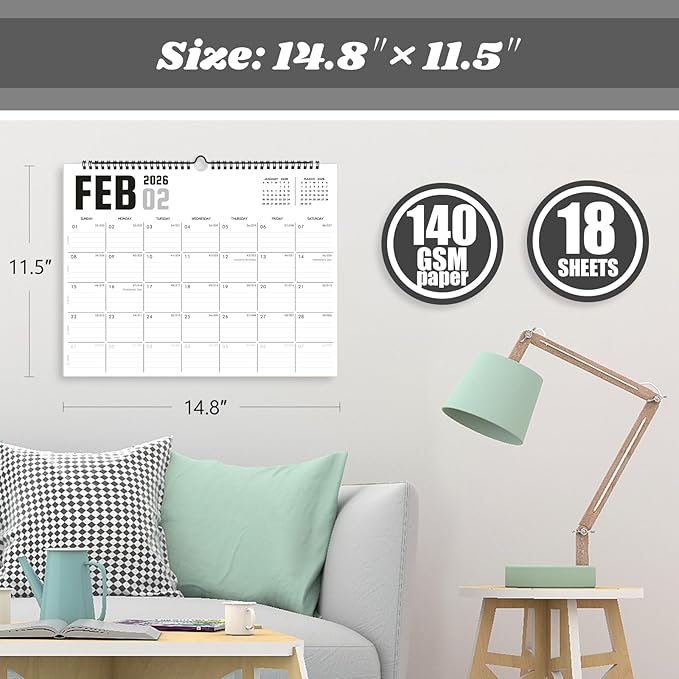 2026 Calendar, Wall Calendar 2026-2027, 18 Month Calendar January 2026 - June 2027, 14.8" X 11.5", Calendar with Twin-Wire Binding, Hanging Hook and Julian Dates (White Style)