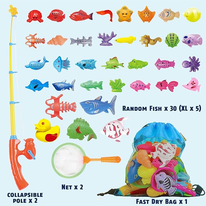 CozyBomB™ Magnetic Fishing Toys Game Set for Kids | Water Table Bathtub Kiddie Pool Party Pole Rod Net, Outdoor Plastic Floating Fish, Toddler Bath Color Ocean Sea Animals Birthday Gift Age 3-5 6 4-8