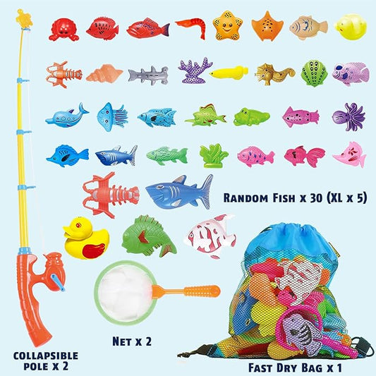 CozyBomB™ Magnetic Fishing Toys Game Set for Kids | Water Table Bathtub Kiddie Pool Party Pole Rod Net, Outdoor Plastic Floating Fish, Toddler Bath Color Ocean Sea Animals Birthday Gift Age 3-5 6 4-8