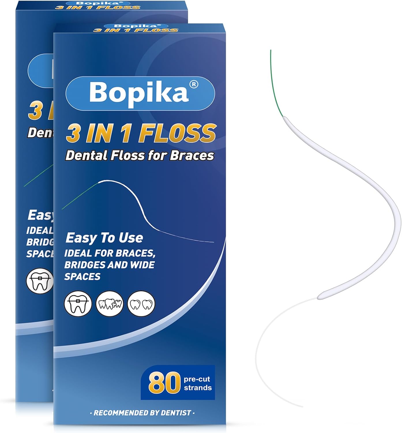 Bopika Dental Floss for Braces, 3 in 1 Ultimate Floss, Floss Threaders for Bridges and Implants, 80 Pre-Cut Strands (Pack of 2)