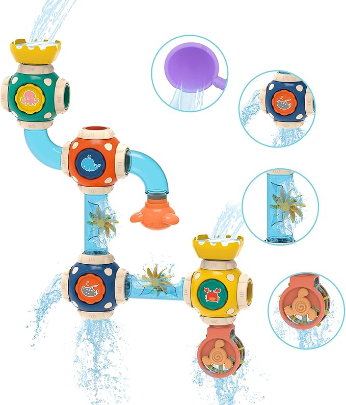 Bath Toys, STEM Baby Bathtub Toy with DIY Pipe Tubes, Cubes,Spoon, Lovely Cute Bathroom Time Spray Waterfall Shower Toy, Suitable for Toddlers Boys Girls 3 Years and up