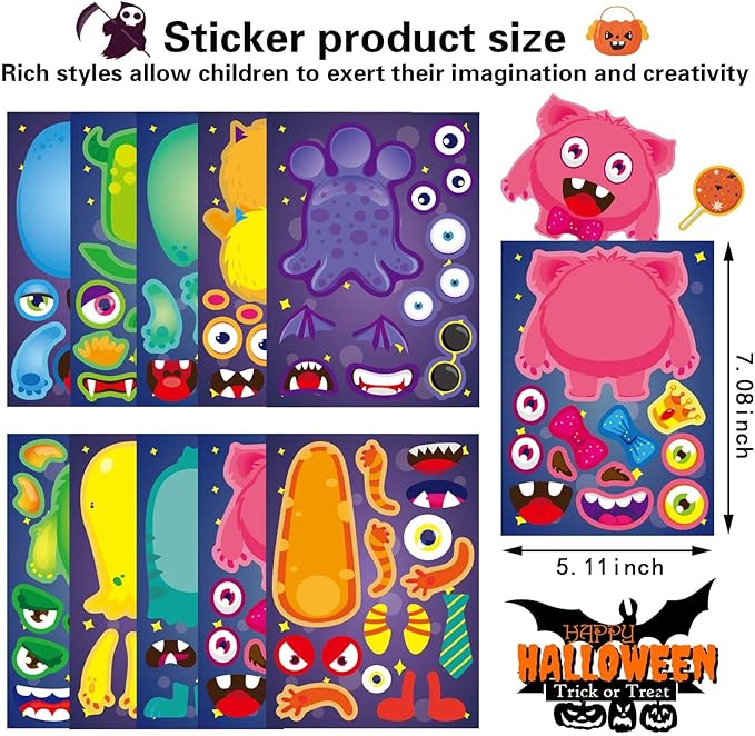 50 Sheets Make a Monster Face Stickers for Kids Make Your Own Little Monster Sticker Sheets Halloween Party Favor Stickers Birthday School Classroom Reward Gift
