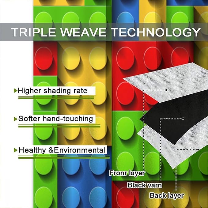 Kids Building Blocks Toy Curtains for Kids Room W63 x L63 Inch Rod Pocket Contour Plastic Colorful Toy Bricks Geometric Print Pattern Curtains for Boys Girls Bedroom 2 Panels