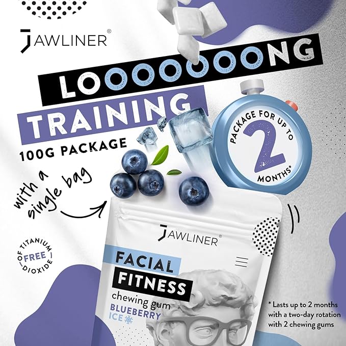 Jawliner® - Pioneers the Toughest Handmade 15x Harder Jawline Gum Includes 12 Weeks Coaching - Sugar-Free Blueberry Ice Gum - Jawline Exerciser for Mewing & Shaping the Jaw (2 Months Pack)
