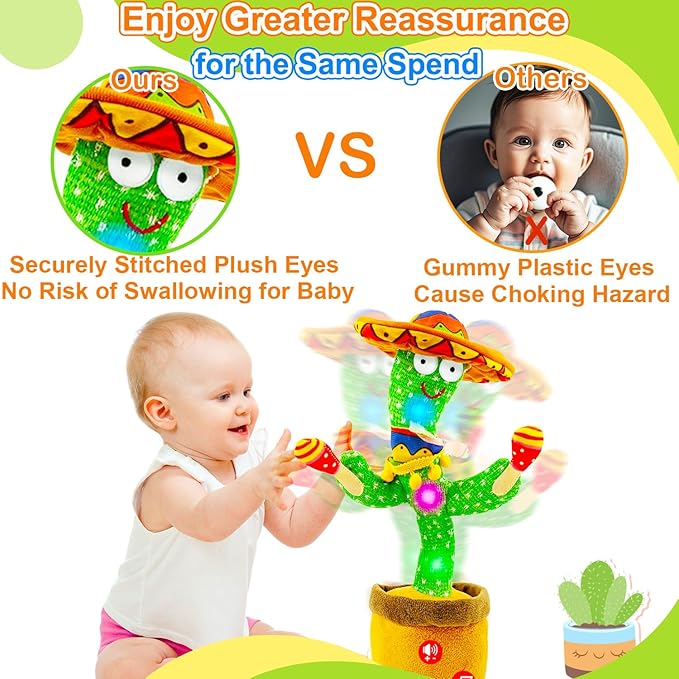 Rechargeable Dancing Talking Cactus Toy w/Volume Adjustable, Cactus Baby Toy Repeat What You Say, Baby Toys for Boys Girls, Singing Mimicking Cactus Toy, Birthday or Chirstmas Gifts for Grandkids