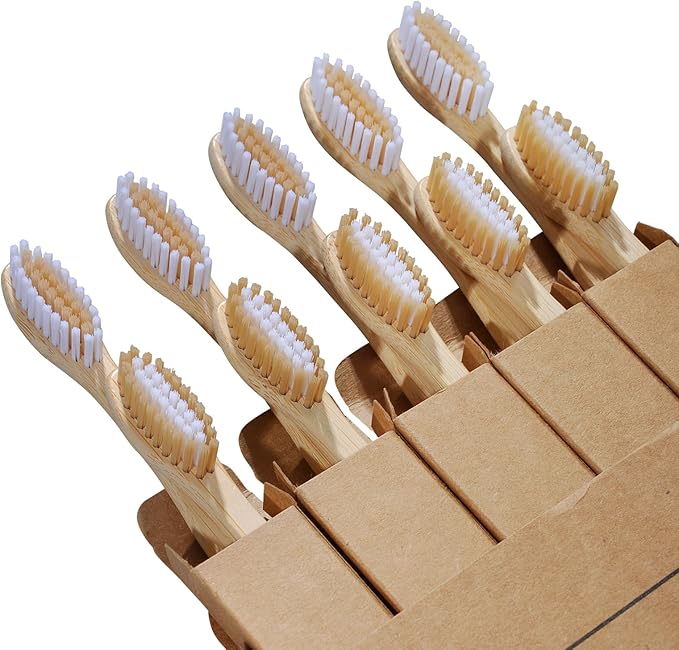 Bamboo Toothbrushes 10 Count - BPA Free Medium Bristles, Compostable Natural Wooden Toothbrushes, Without Plastic, Eco-Conscious Packaging for Adults (Brown and White, Moderate Length)