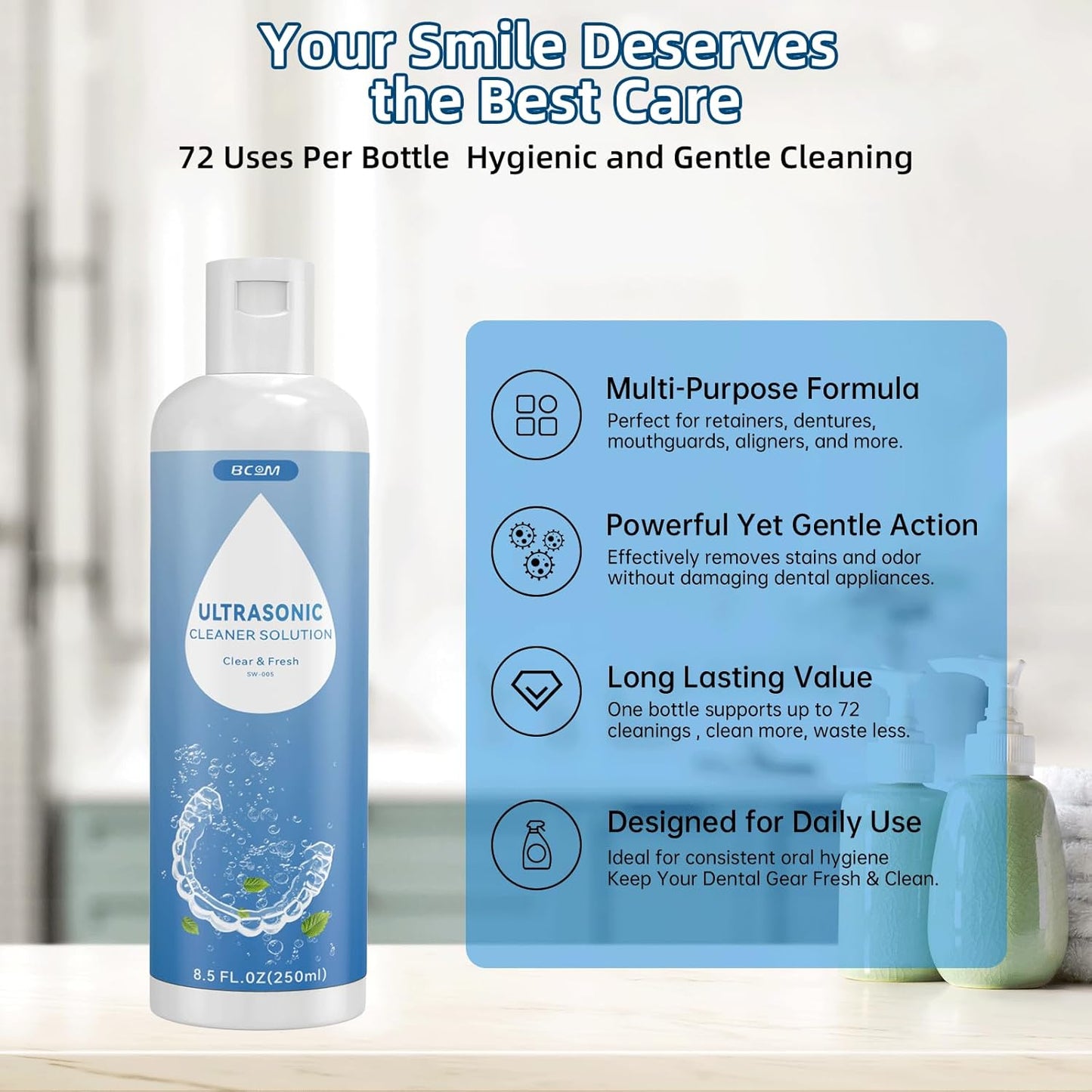 Bcom Ultrasonic Retainer Cleaner Solution, Jewelry Cleaner Solution Deep Clean for Retainer, Mouthguards, Night Guards, Aligners and Jewelry Ring, Odor Stain Remover for Ultrasonic Machines (8.5 oz)