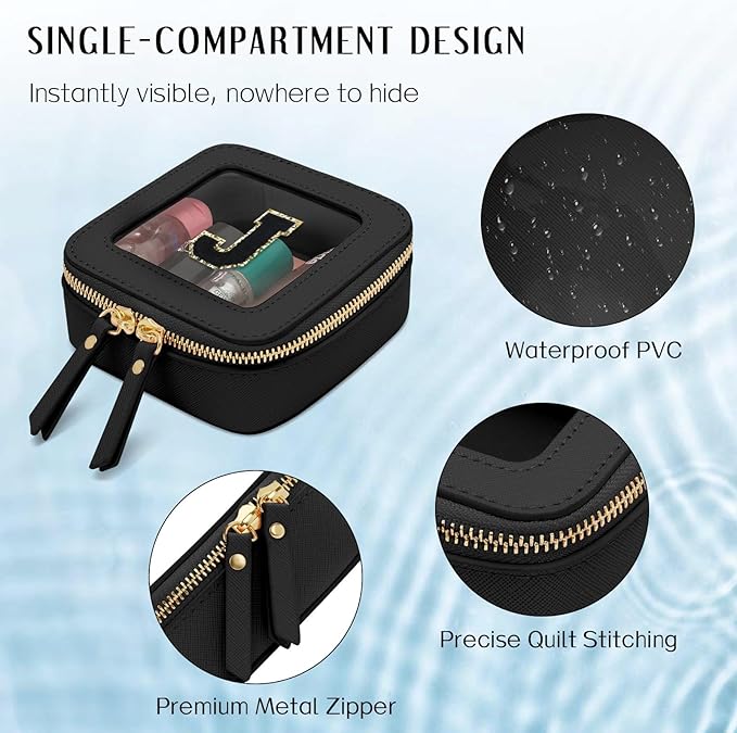 Initial Travel Toiletry Bag - Cosmetic Bags for Girls with Zipper, Clear & Potable Girls Makeup Bag for Travel, Small Cosmetic Pouch Perfect Gifts for Graduation (Black, J)
