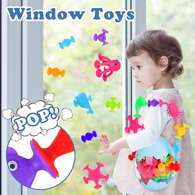 50 Pieces Suction Bath Toys for Kids Age 3+, Baby Silicone Ocean Animal Sucker Toys with Dinosaur Eggshell, Sensory Travel Window Toys for Toddlers, Stress Release Gifts for Boys Girls Ages 4-8
