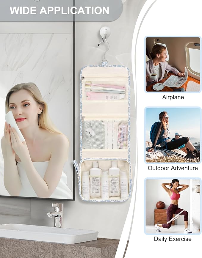 Relavel Small Hanging Toiletry Bag for Men and Women, Portable Hanging Organizer for Travel-Sized Shower Dopp Kit, Waterproof Toiletries Organizer with 3 Compartments for Outdoor - Blue Flower