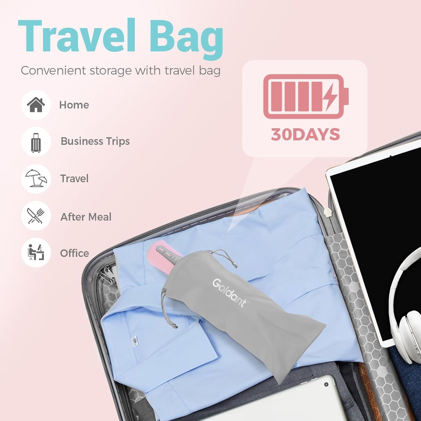 350ML Water Dental Flosser Teeth Pick with Travel Bag, 5 Modes Portable Cordless Oral Irrigator Cleaner, Electric Rechargeable IPX7 Waterproof for Home Travel Teeth Cleaning flossing (Pink)