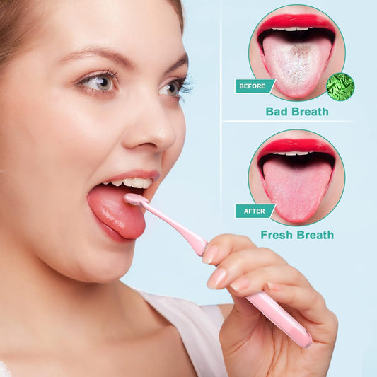 Mspan Tongue Scraper Cleaner Brush: Tongue Care Cleaning Scrubber with Plastic Travel Case Cover for Adults kids - Clean Oral Bad Breath Pink White 2 Pack