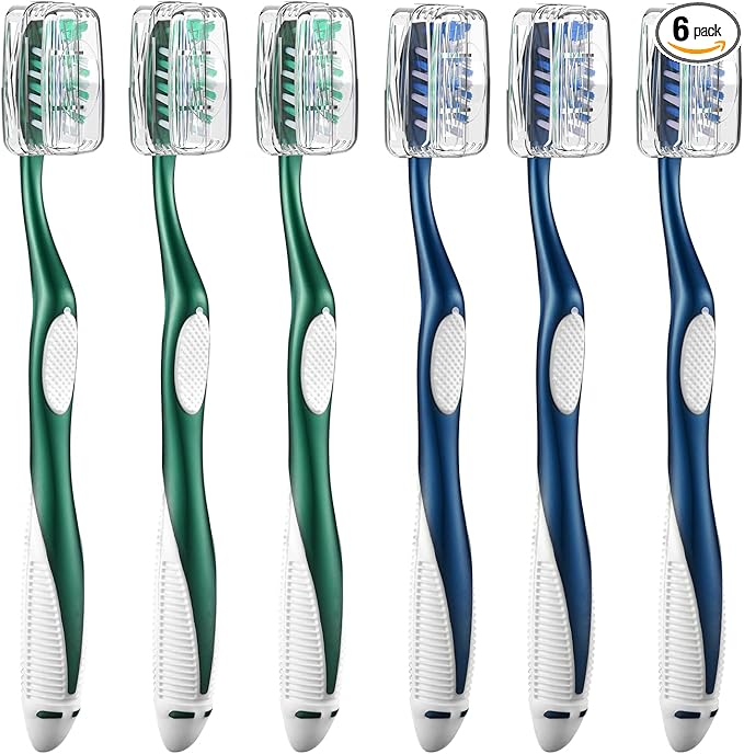 Firm Toothbrushes with Covers for Adults, Cross Hard Bristles, with Built in Tongue Scraper, 6 Count