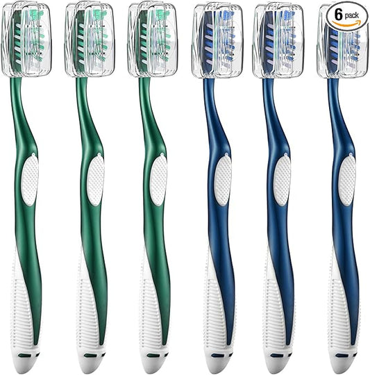 Firm Toothbrushes with Covers for Adults, Cross Hard Bristles, with Built in Tongue Scraper, 6 Count