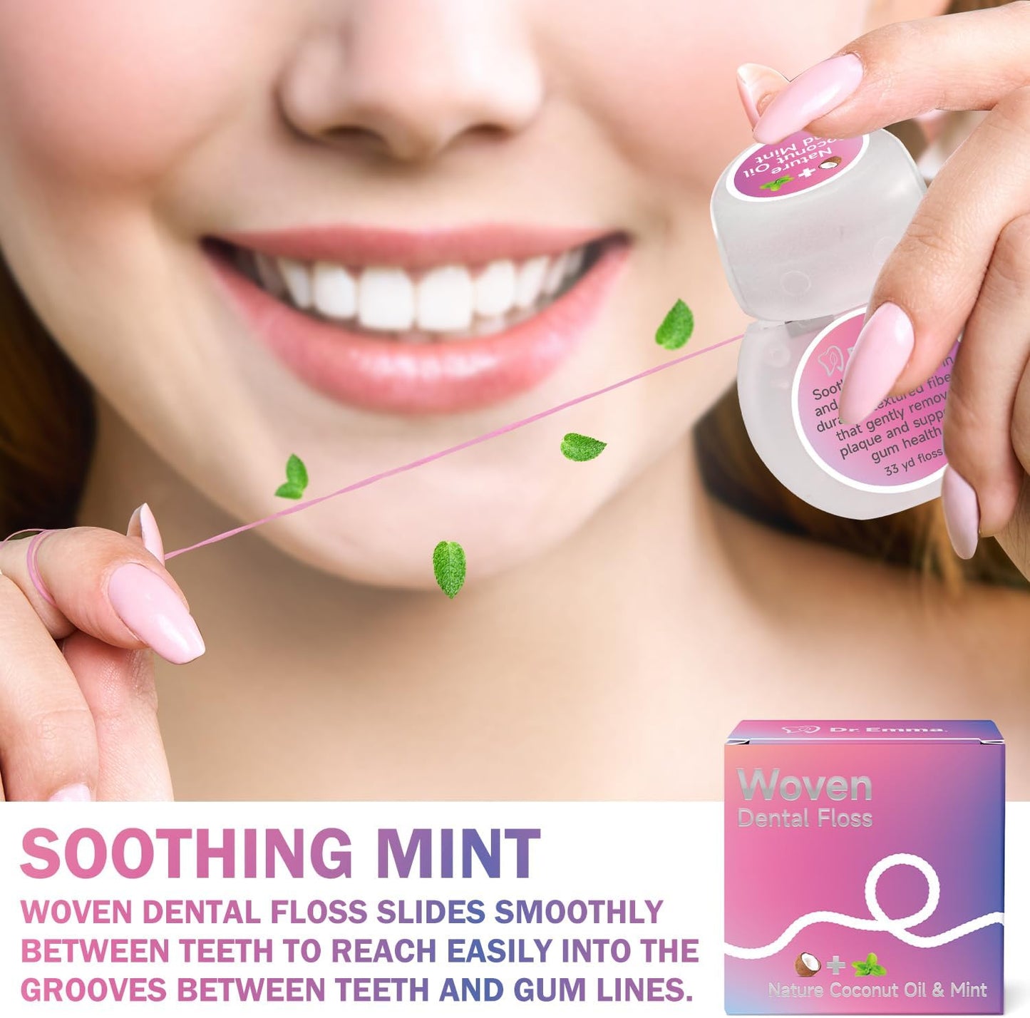 Dr. Emma Woven Dental Floss Coconut Oil Infused Expanding Dental Floss, Oral Care Stretchable Floss, Mint 33yd Pink, Pack of 4