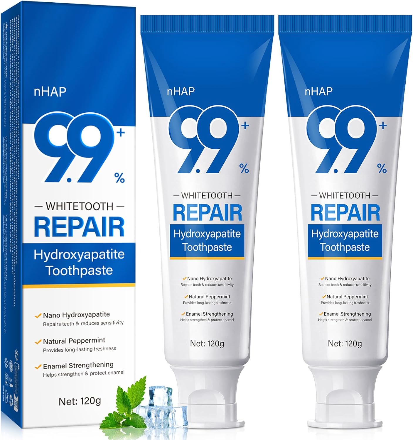 9.9% Hydroxyapatite Toothpaste - 2 Pack, Protects Enamel and Strengthens Teeth, Cleans and Cares for Oral Health, Freshens Breath, Non-Irritating, Natural and Safe, 8.46 Oz