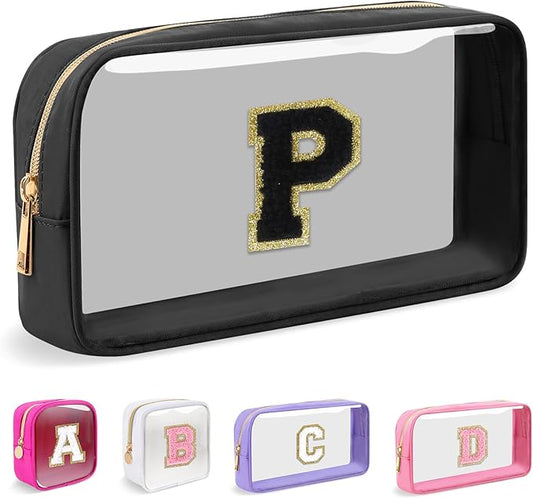 Small Clear Personalized Initial Makeup Bag, Preppy Nylon A-Z Chenille Letter Patch Makeup Organizer TSA Approved Travel Toiletry Bag,Waterproof Zip Beach Cosmetic Pouch Purse for Women(Black-Black P)