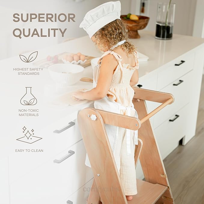 Comfy Cubs Kids Step Stool for Ages 3+, 3 Height Adjustable Toddler Tower, Montessori Furniture Designed in The US - Toddler Standing Tower for Kitchen Sink & Bathroom Access - Natural Wood